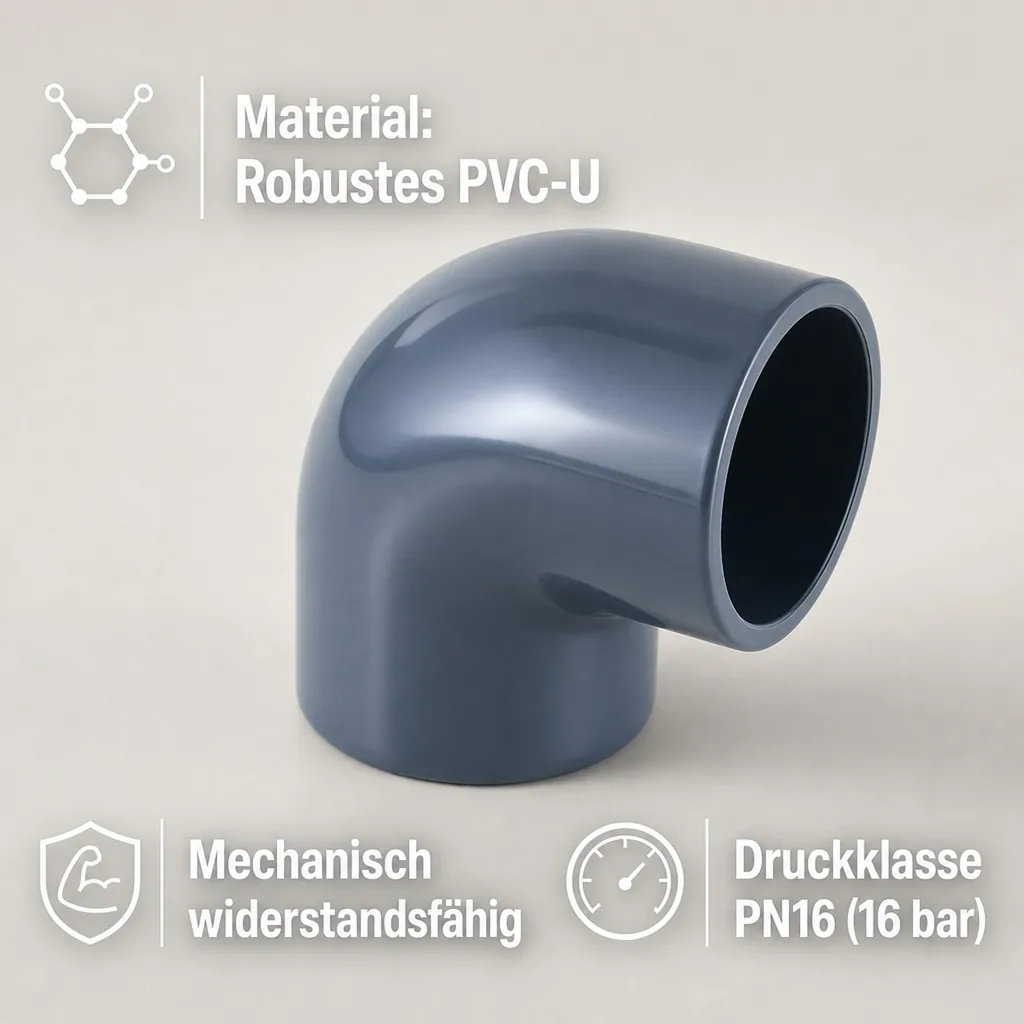 PVC Winkel 90 Grad, Muffe 40mm, PVC-U Fitting PN16