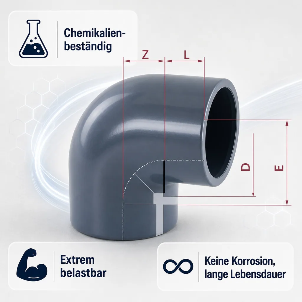 PVC Winkel 50mm, 90 Grad Muffe PN16, Klebefitting
