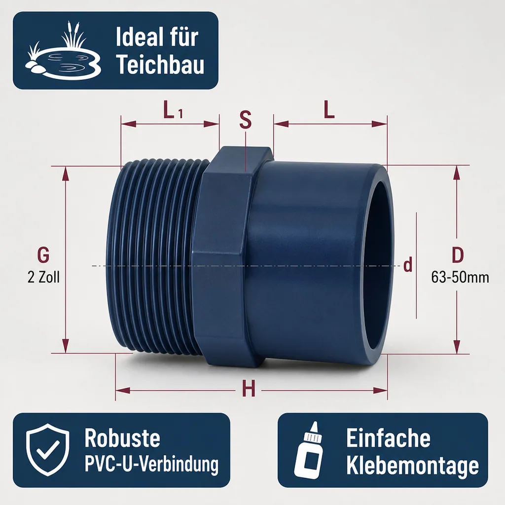 PVC-Anschluss, Übergangsmuffe 63-50mm x 2 Zoll, Klebemuffe PN10