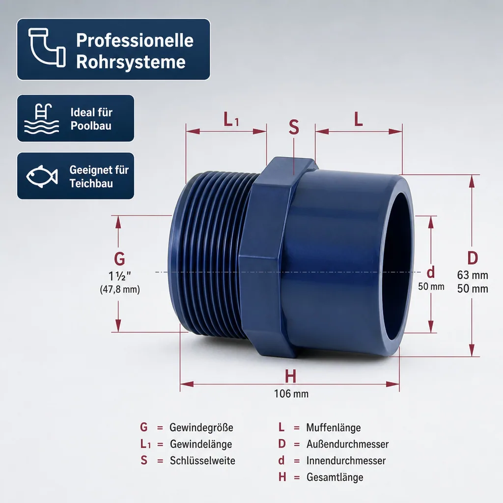 PVC Fittinge, Übergangsmuffe, AG 63-50mm x 1 1/2", PN10, Boni-Shop