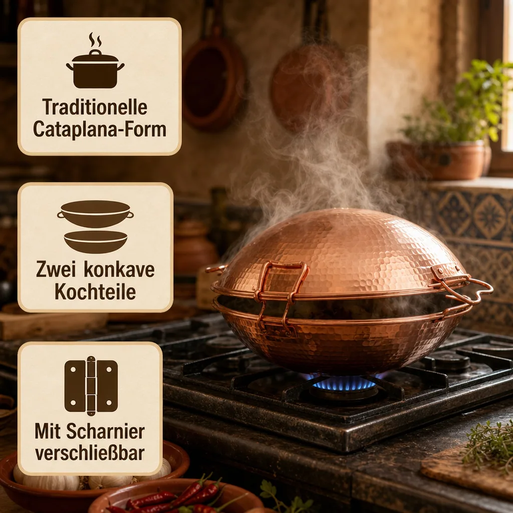 Cataplana - Kupfer, für die Zubereitung von Fisch, Fleisch und Meeresfrüchten, 33cm