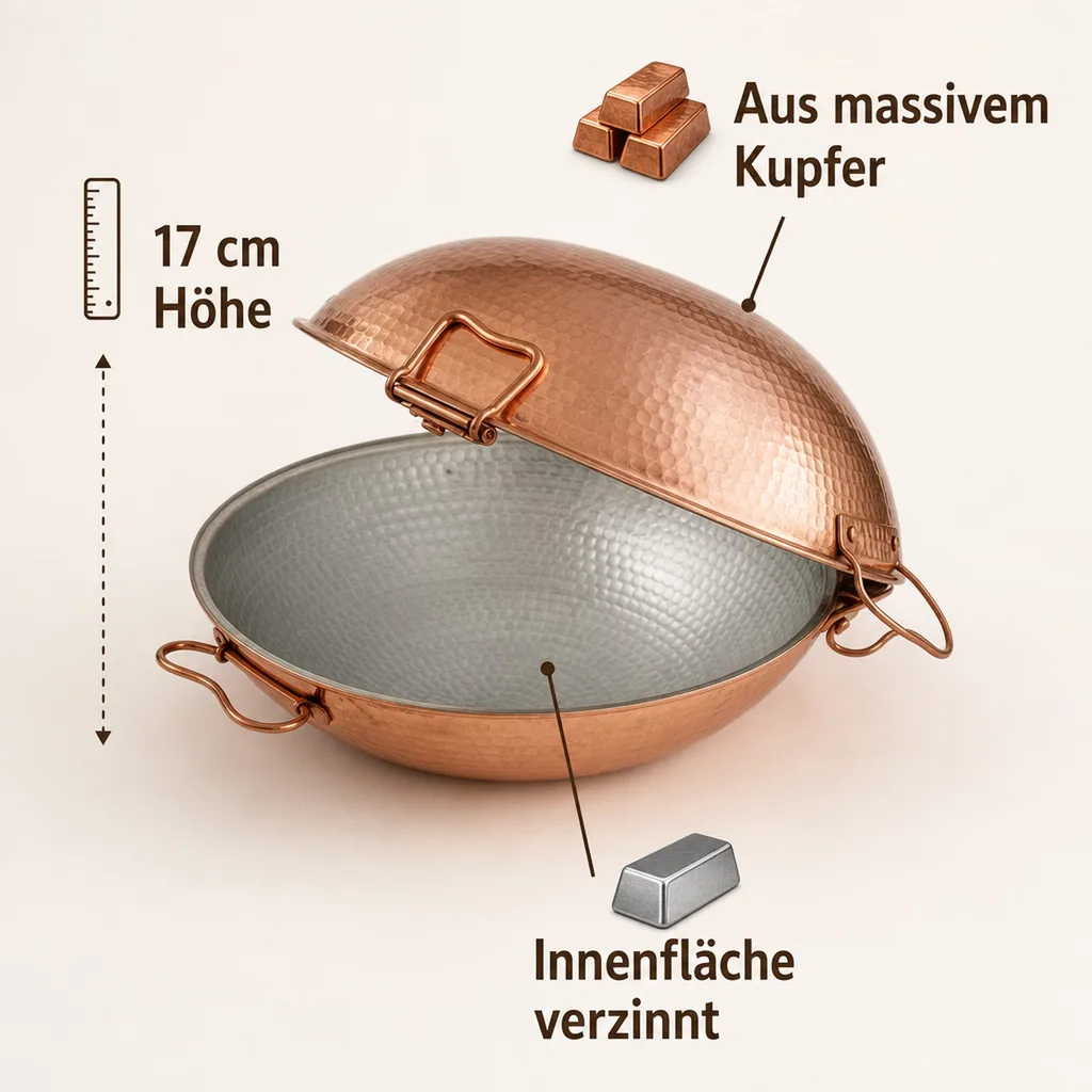 Cataplana - Kupfer, für die Zubereitung von Fisch, Fleisch und Meeresfrüchten, 33cm