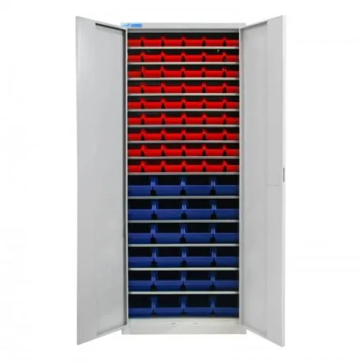 Regalschrank mit Tür, 14 Fachböden, 78 Lagersichtkästen Gr.3 / Gr. 2L