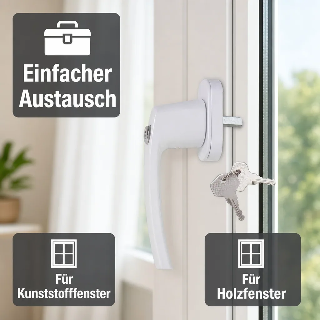 Fenstergriff, abschließbar, mit 2 Schlüsseln, Farbe weiß