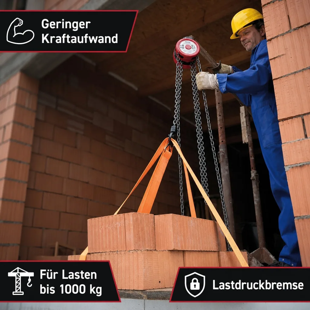 Handkettenzug 1000 kg, 1 Kettenstrang, Hakenöffnung 25 mm