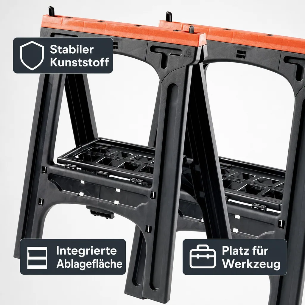 Kunststoff Allzweckbock 2er Set, Tragkraft je Bock 200 kg, orange mit perforierter Ablageplatte