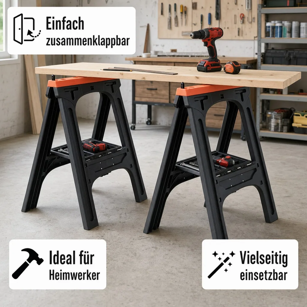 Kunststoff Allzweckbock 2er Set, Tragkraft je Bock 200 kg, orange mit perforierter Ablageplatte