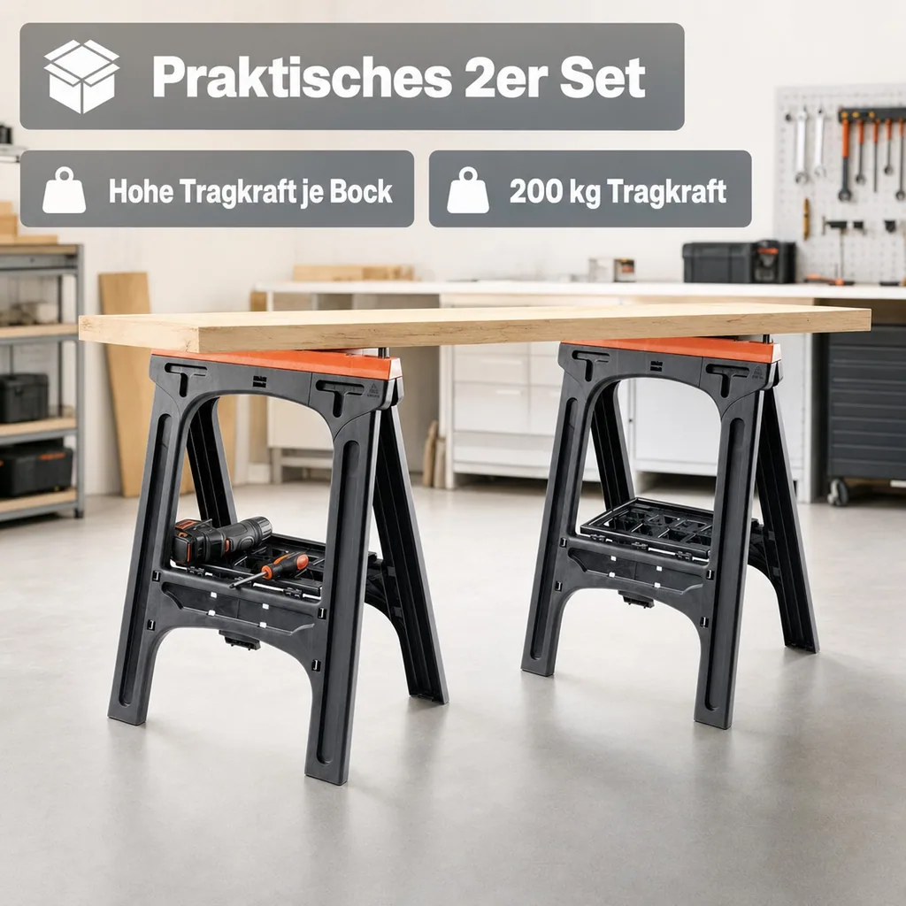 Kunststoff Allzweckbock 2er Set, Tragkraft je Bock 200 kg, orange mit perforierter Ablageplatte