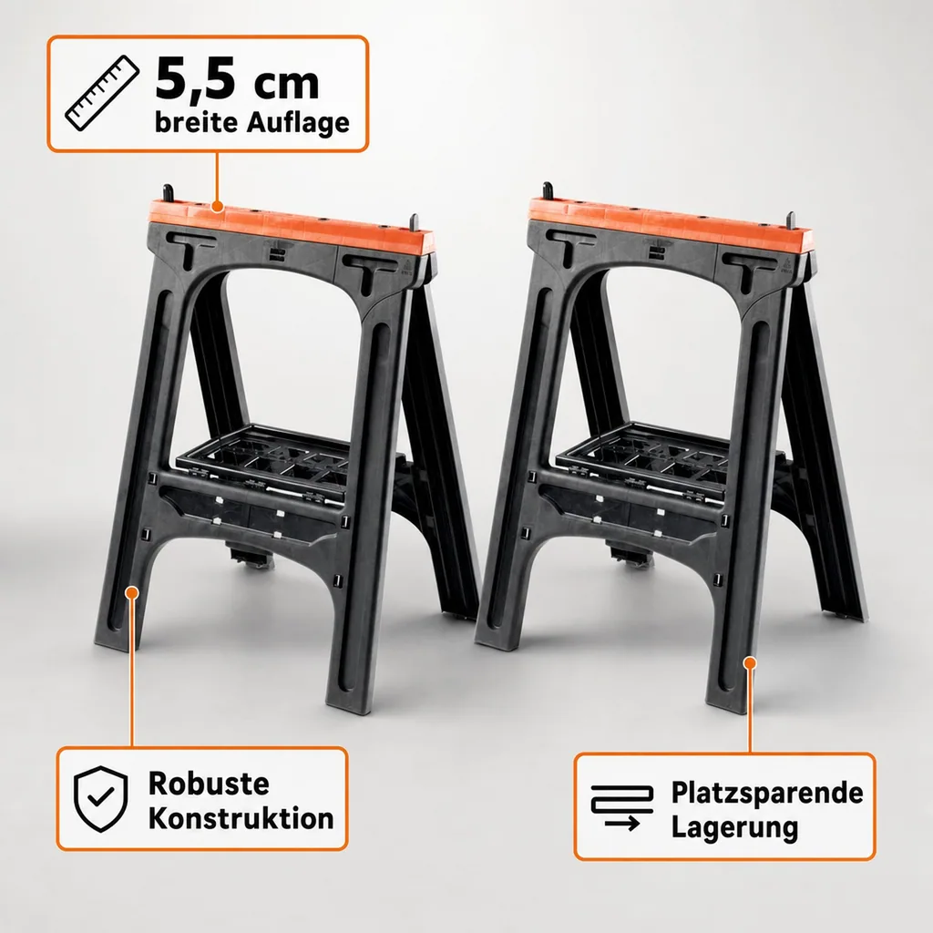 Kunststoff Allzweckbock 2er Set, Tragkraft je Bock 200 kg, orange mit perforierter Ablageplatte