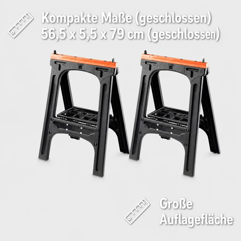 Kunststoff Allzweckbock 2er Set, Tragkraft je Bock 200 kg, orange mit perforierter Ablageplatte