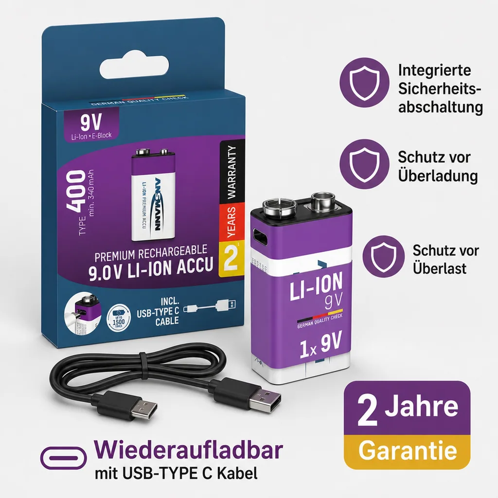 Lithium Ionen 9V E-Block Akku USB-C 1 Stück, Sicherheitsabschaltung
