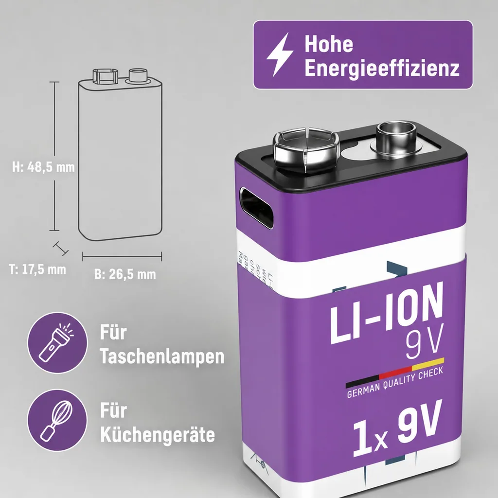 Lithium Ionen 9V E-Block Akku USB-C 1 Stück, Sicherheitsabschaltung