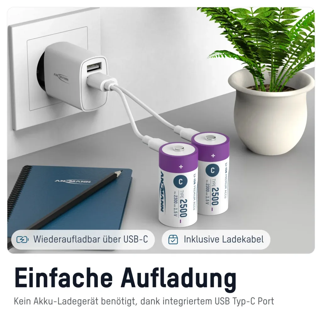 Lithium Ionen Baby (C) Akkus USB-C - 2 Stück, Sicherheitsabschaltung