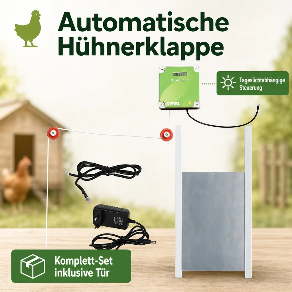 Automatische Hühnertür, Komplett-Set inklusive Schiebetür 30 x 40cm