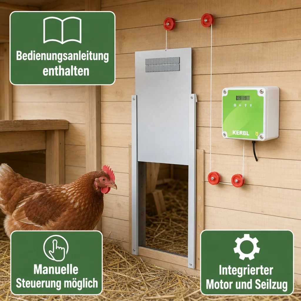 Automatische Hühnertür, Komplett-Set inklusive Schiebetür 30 x 40cm