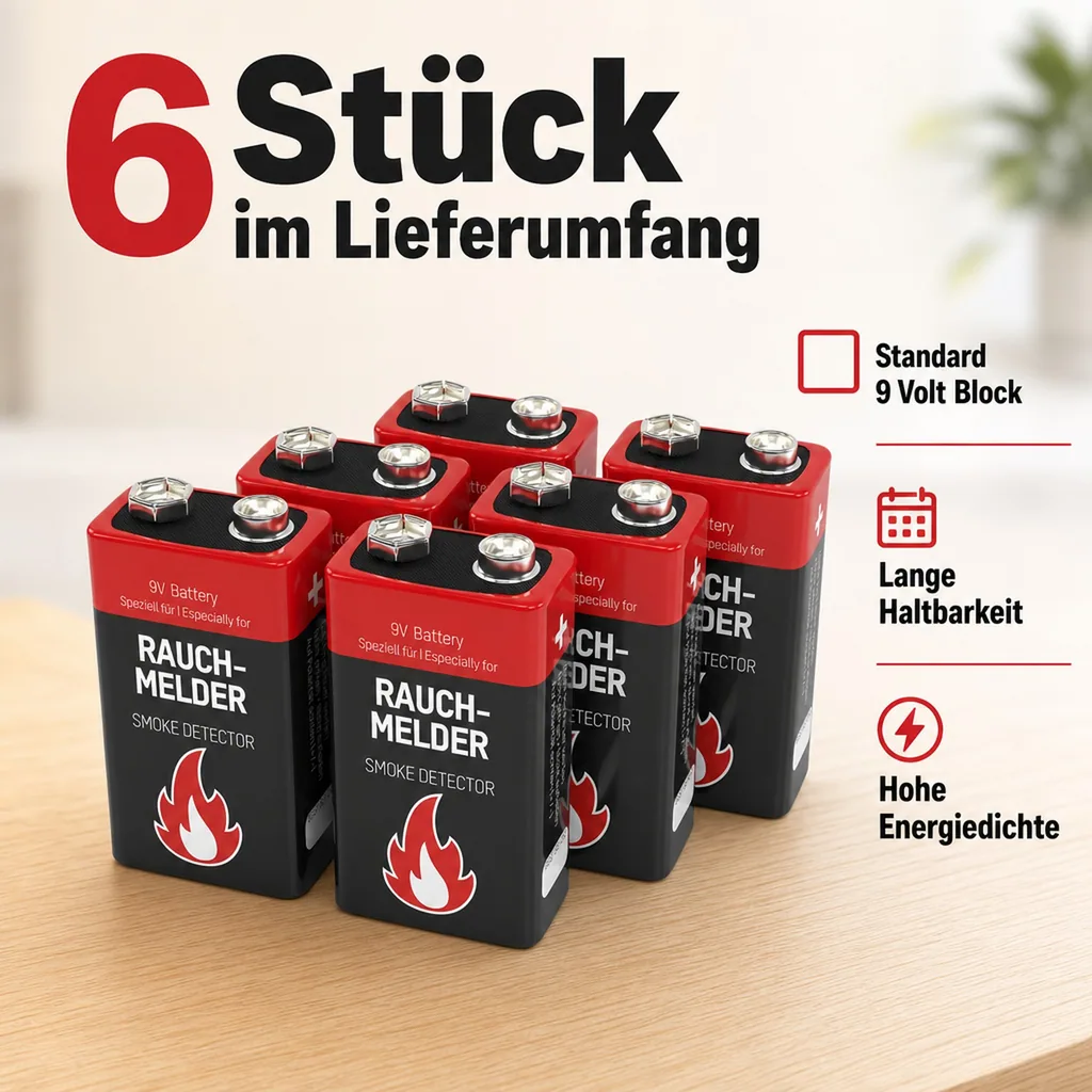 Alkaline 9 V Rauchmelder Batterie - 6 Stück
