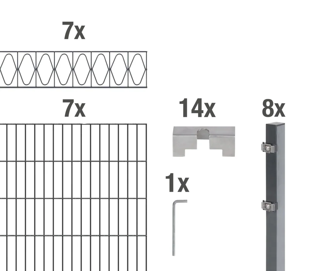 Doppelstabmattenzaun Sets anthrazit mit Dekorelement "Eleganz", Länge: 14 m, Höhe: 120 cm