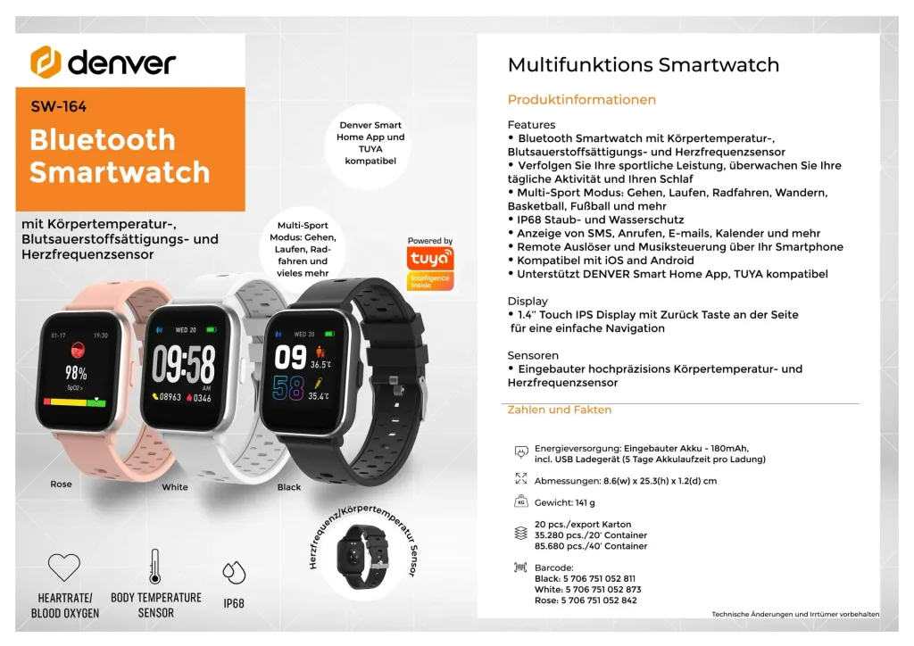 Bluetooth Smartwatch mit Körpertemperatursensor, Blutsauerstoffsättigung und Herzfrequenzsensor, schwarz