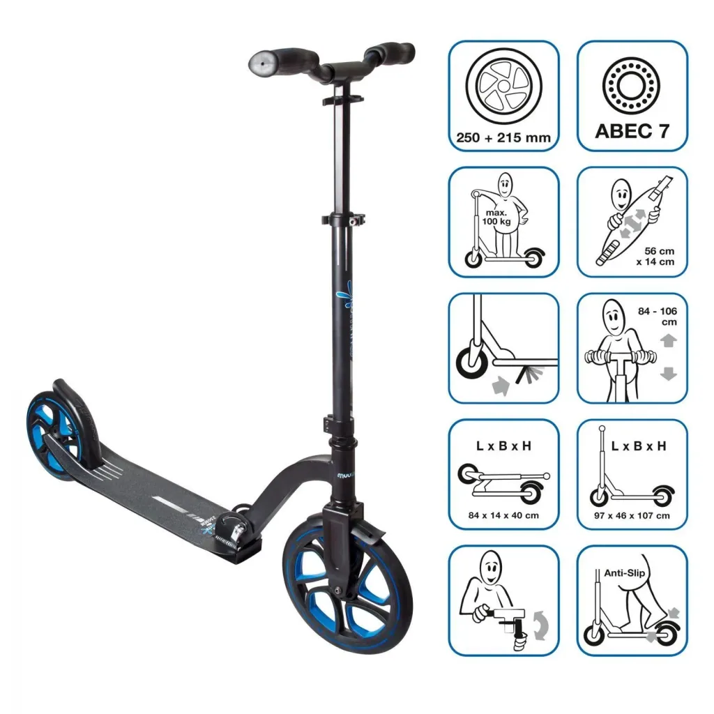 Aluminium Scooter Pro, Tretroller, 250/215 mm, ABEC 7, höhenverstellbar, blau