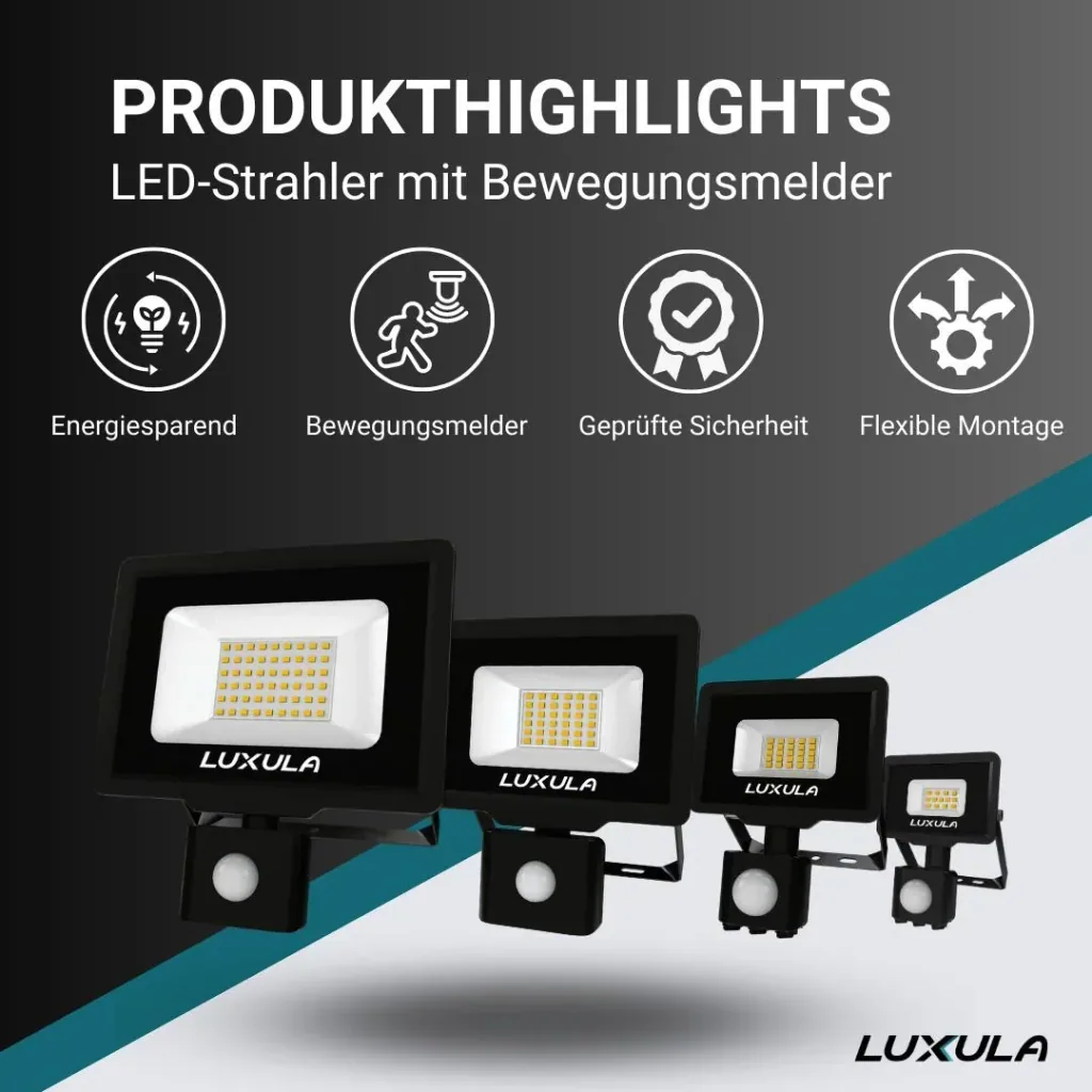 LED-Fluter in schwarz mit Bewegungsmelder bietet 50 W, 3000 K (warmweiß), 5000 lm & IP65 Schutz