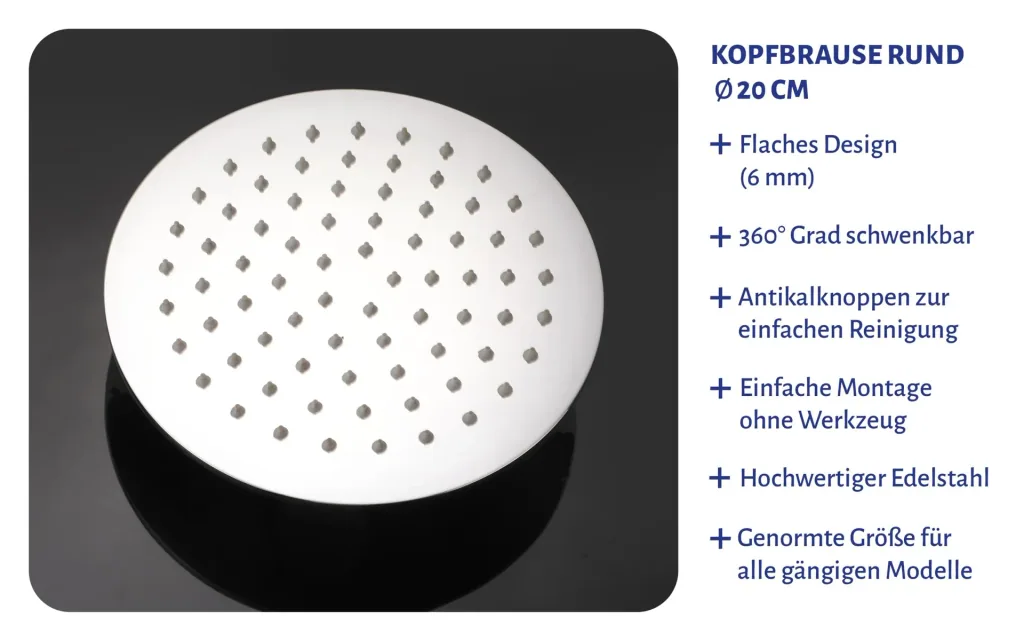 Duschkopf Kopfbrause Ø 20 cm Regendusche aus Edelstahl mit 1 Strahlart G1/2 individuell einsetzbar