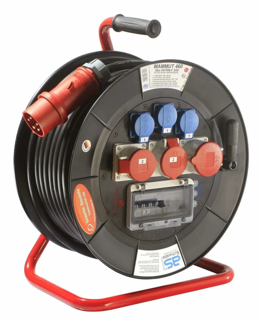 Profi-Trommel Mammut 460 Version 6, 30m, 3 Steckdosen 230V, 2+1-CEE Steckdosen, mit Trage- und. Fußgestell