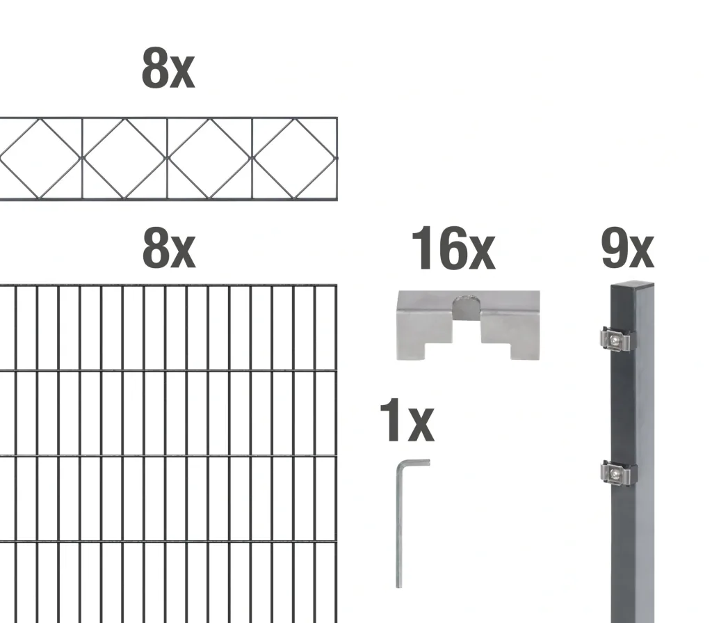 Doppelstabmattenzaun Sets anthrazit mit Dekorelement "Bergen"", Länge: 16 m, Höhe: 160 cm