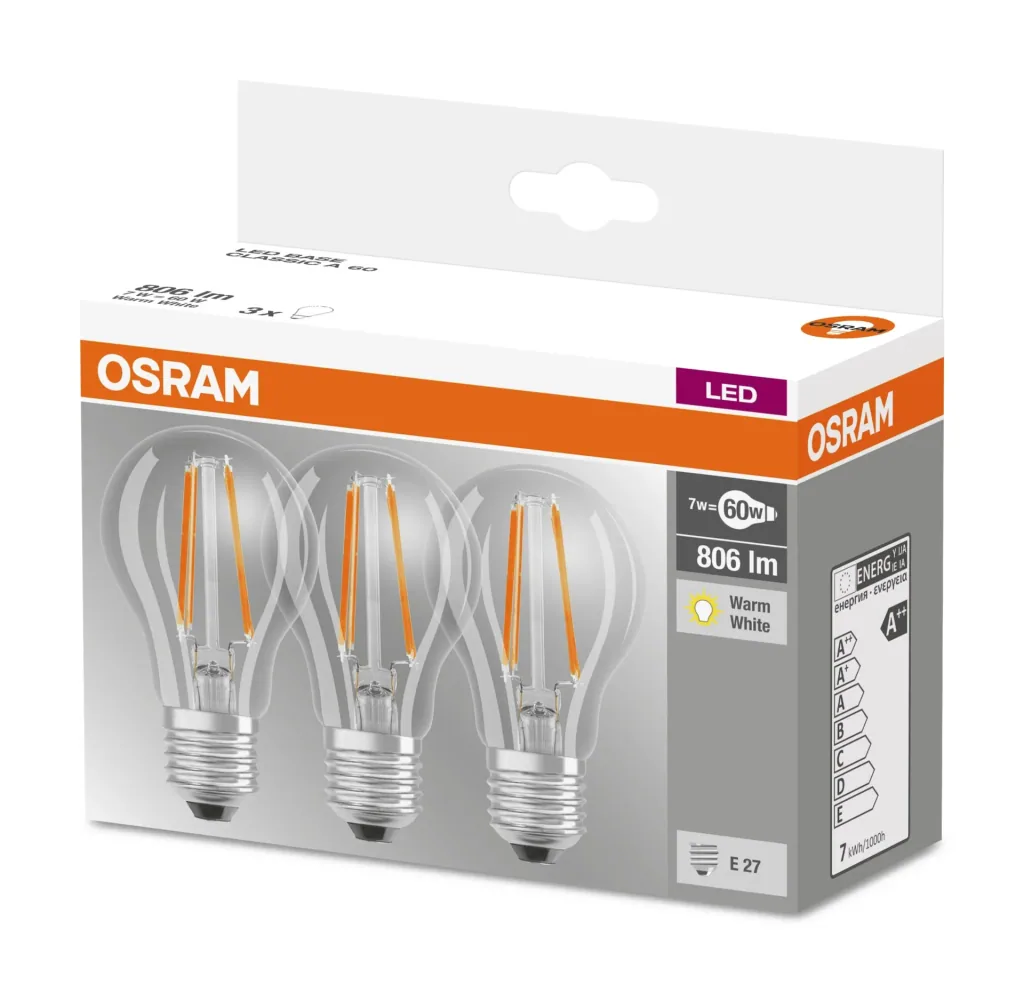 BASE FILAMENT LED Lampe mit 7 Watt, E27, warmweiß, klar - 3 Stück