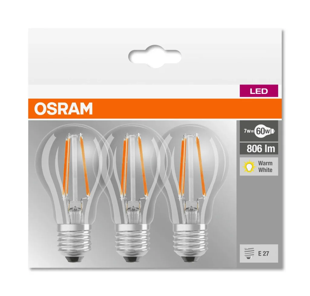 BASE FILAMENT LED Lampe mit 7 Watt, E27, warmweiß, klar - 3 Stück