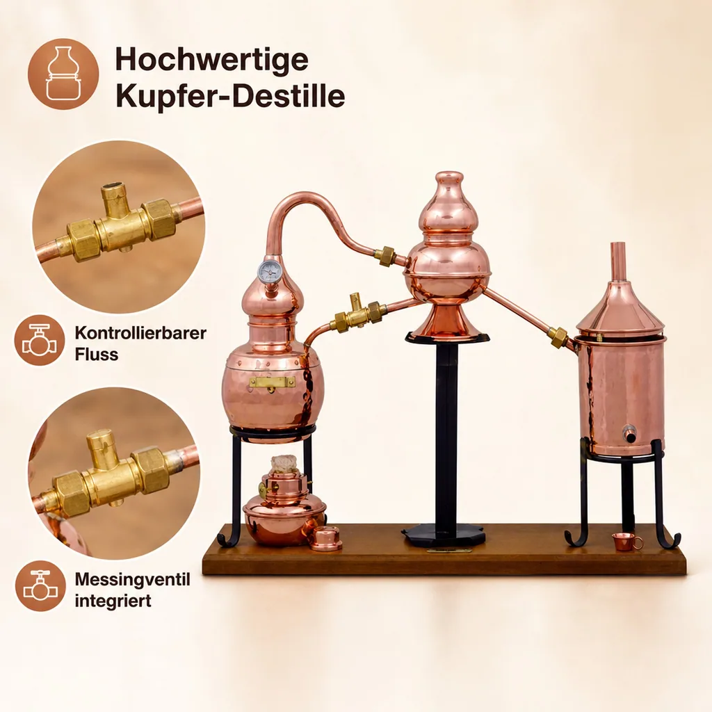 Destille, Destilliergerät, Destillationsapparatur - Alembic Charentais Premium, mit Spiritusbrenner und Thermometer, 0,7L