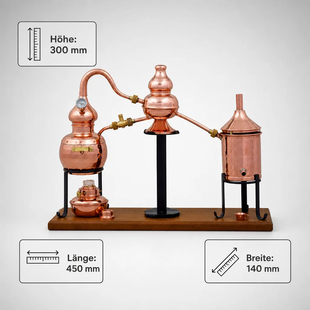 Destille, Destilliergerät, Destillationsapparatur - Alembic Charentais Premium, mit Spiritusbrenner und Thermometer, 0,7L
