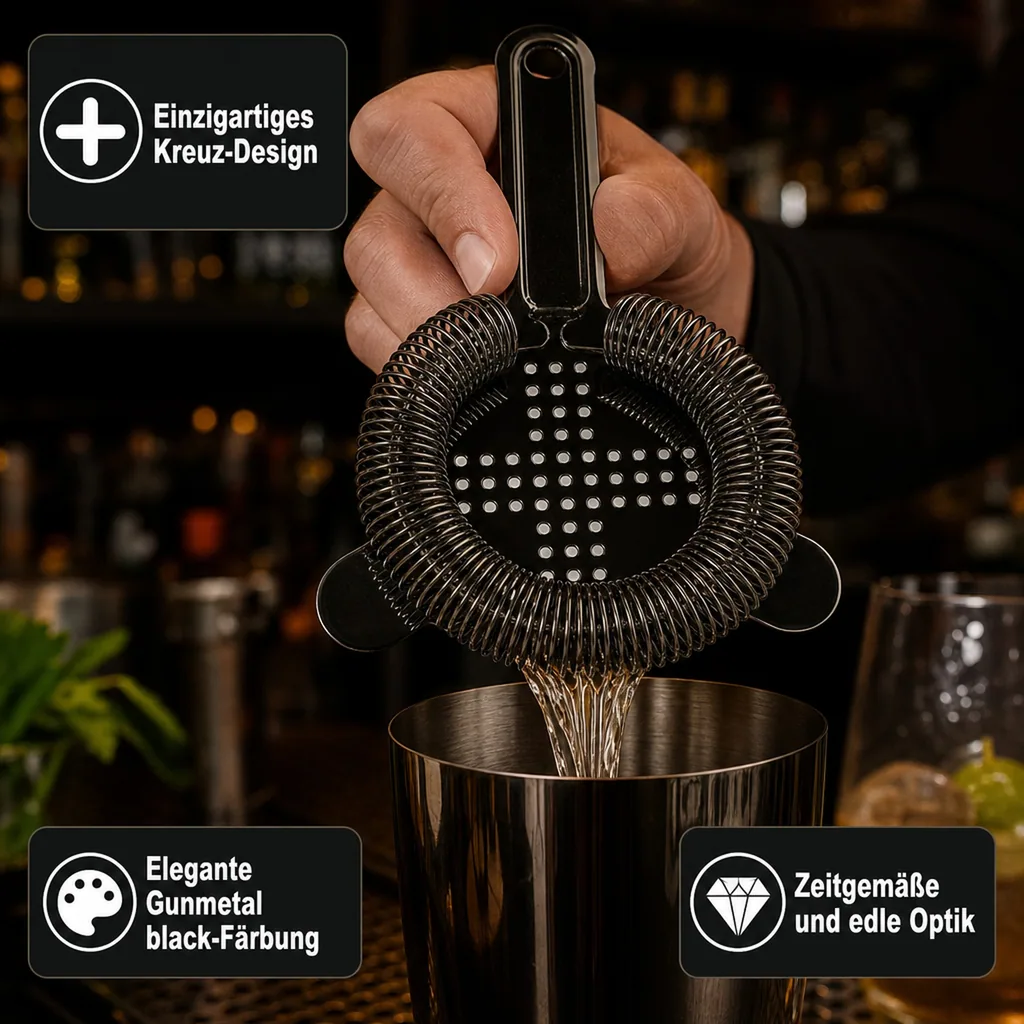 Julep Sieb, Julip Strainer - CROSS, Edelstahl 304 - GMB - Rotgussschwarz
