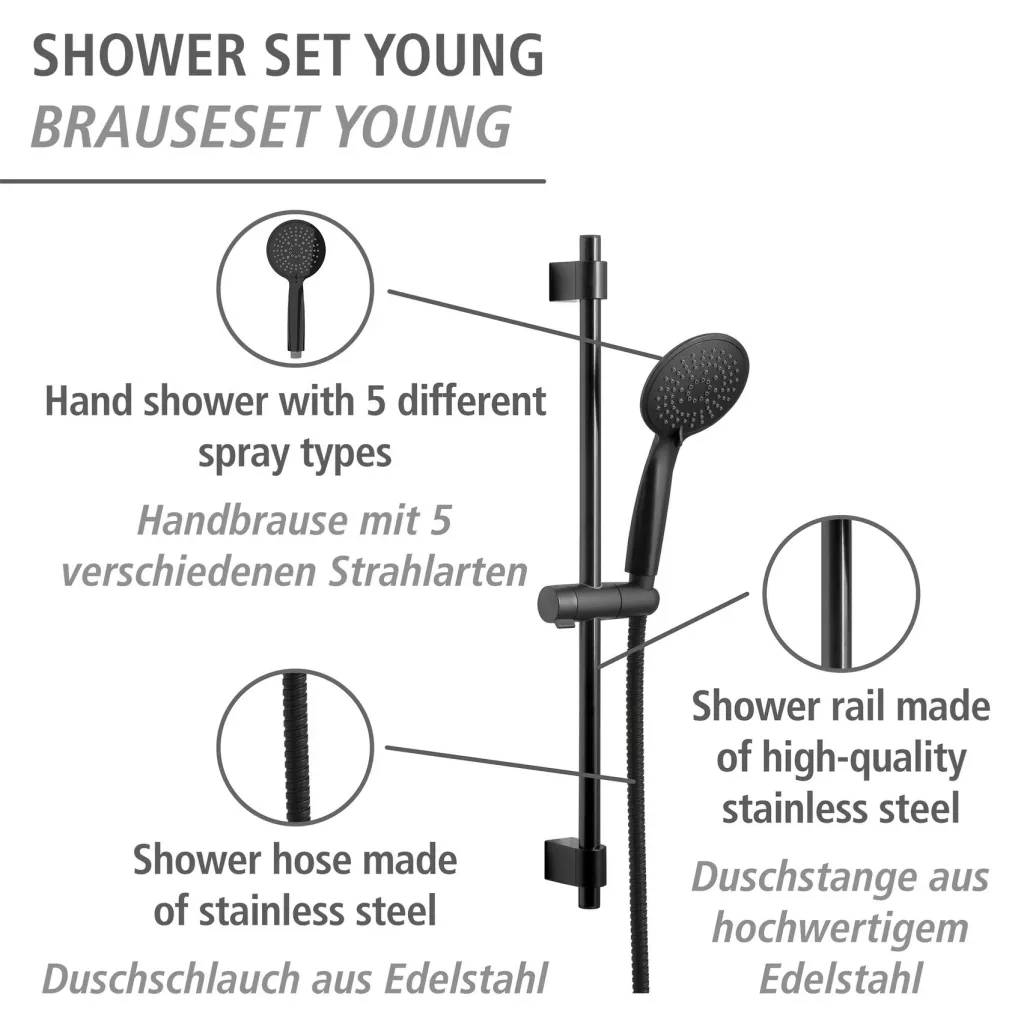 Brauseset Young Schwarz, Länge Stange: 66 cm