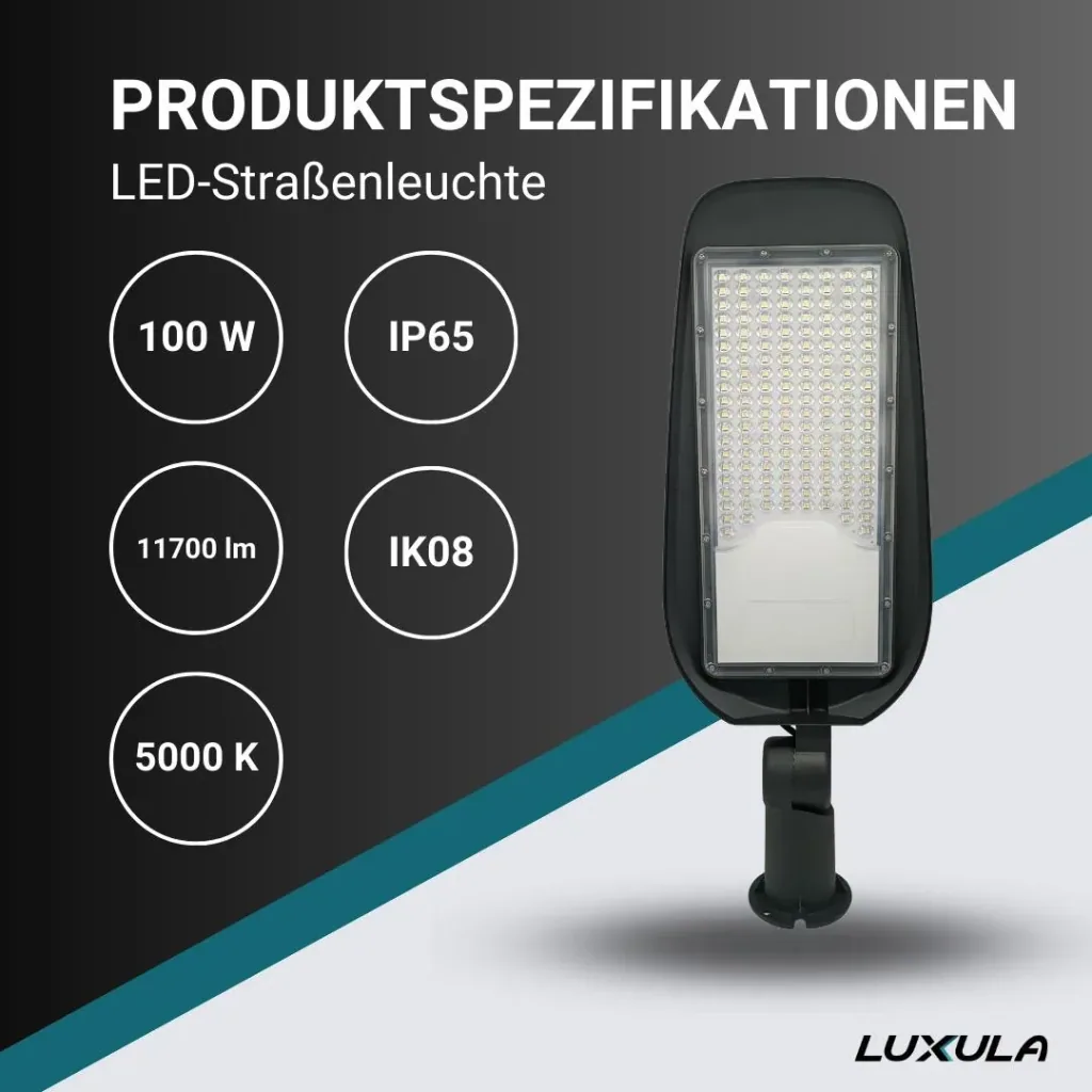 LED-Straßenleuchte 100 W bietet 11700 lm, 5000 K (neutralweiß) & IP65 Schutz