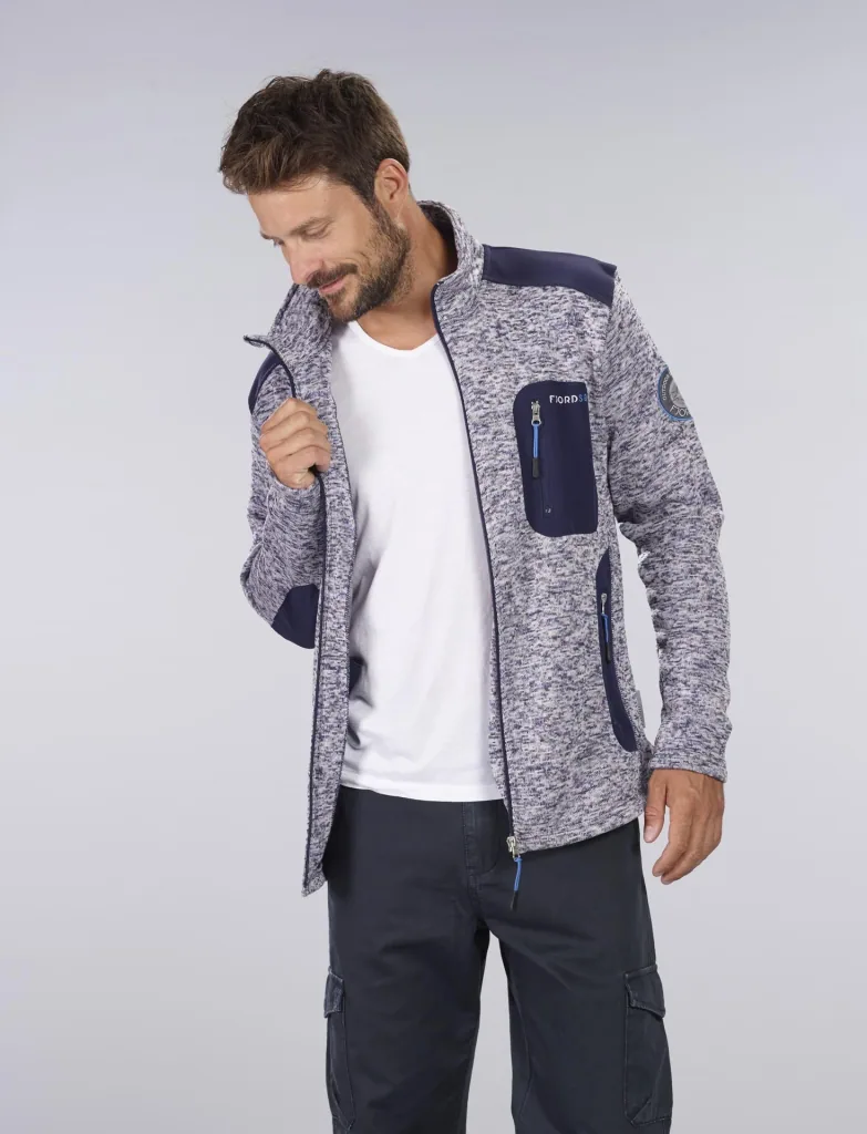 Strickfleece Jacke mit Reißverschluß, Farbe marine/grau melange, Gr. M