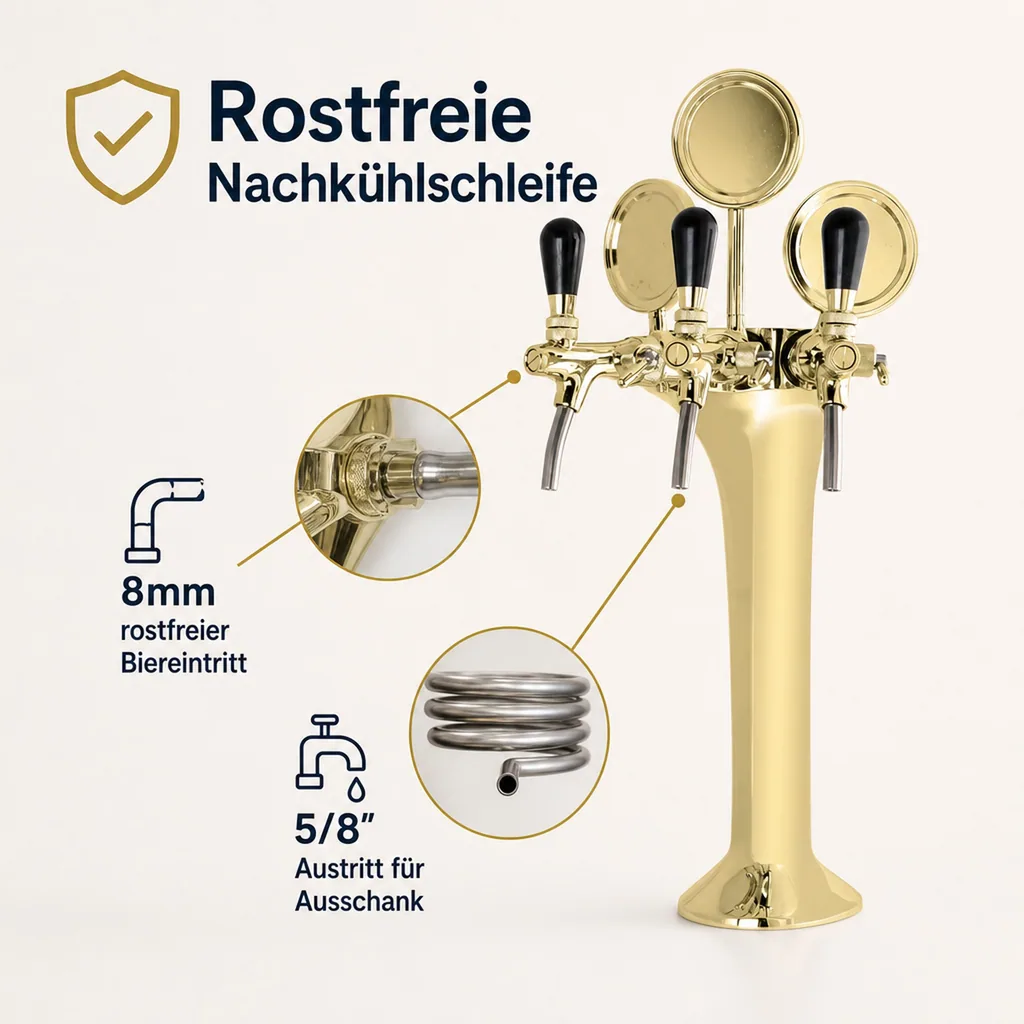 Schanksäule, Bierzapfsäule - Gold, 3-leitig, Elegant - "Topp-Qualität!"