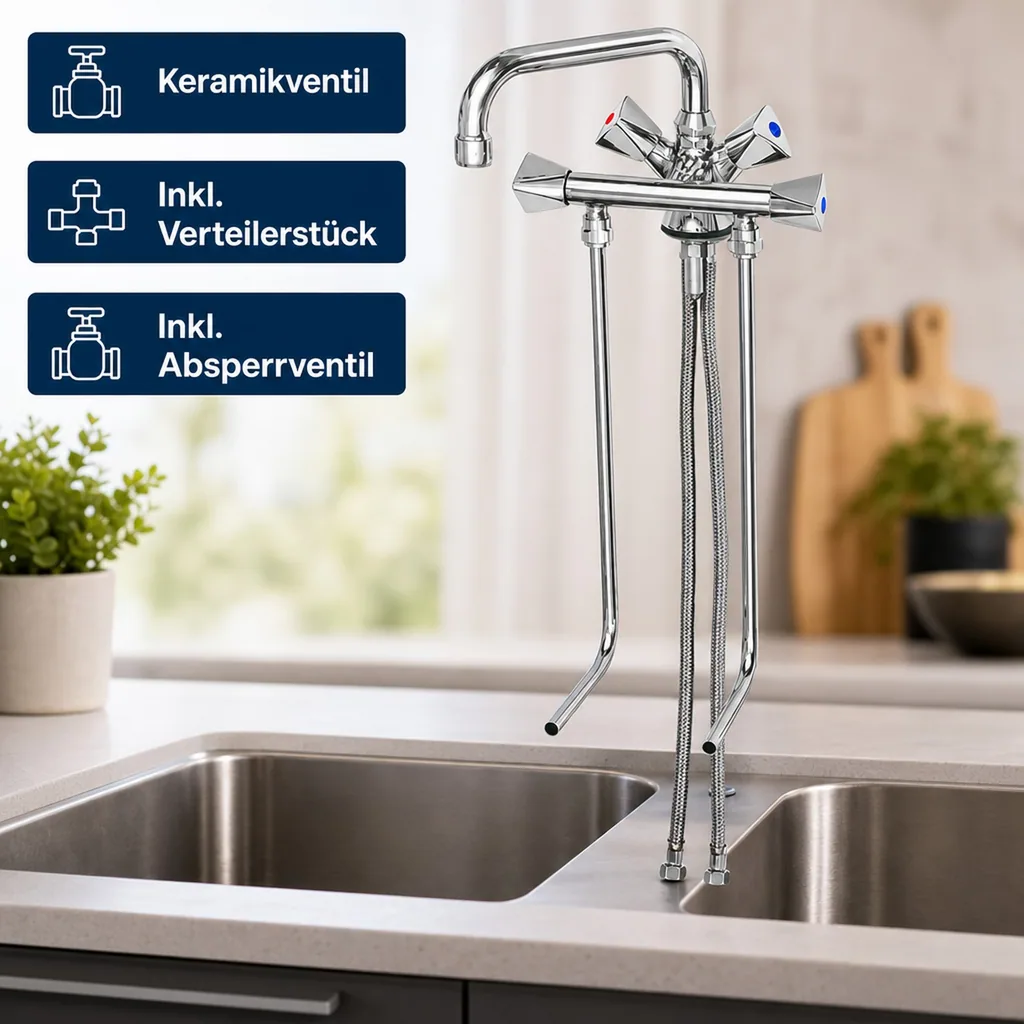 Wasserhahn, Küchenarmatur, Wasserarmatur - Mischbatterie, Model „BRUSE“, für 2 Becken Hochdruck