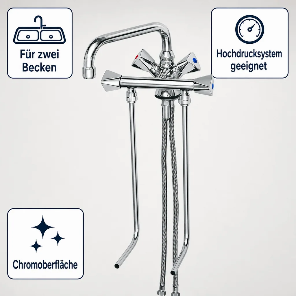 Wasserhahn, Küchenarmatur, Wasserarmatur - Mischbatterie, Model „BRUSE“, für 2 Becken Hochdruck