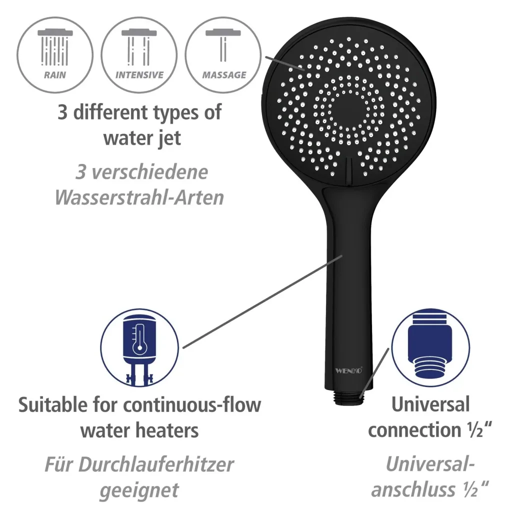 Wasserspar-Brauseset Watersaving Schwarz, Länge Stange: 70 cm
