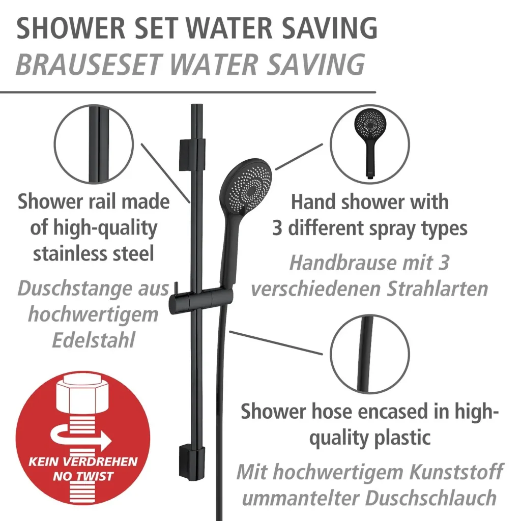 Wasserspar-Brauseset Watersaving Schwarz, Länge Stange: 70 cm