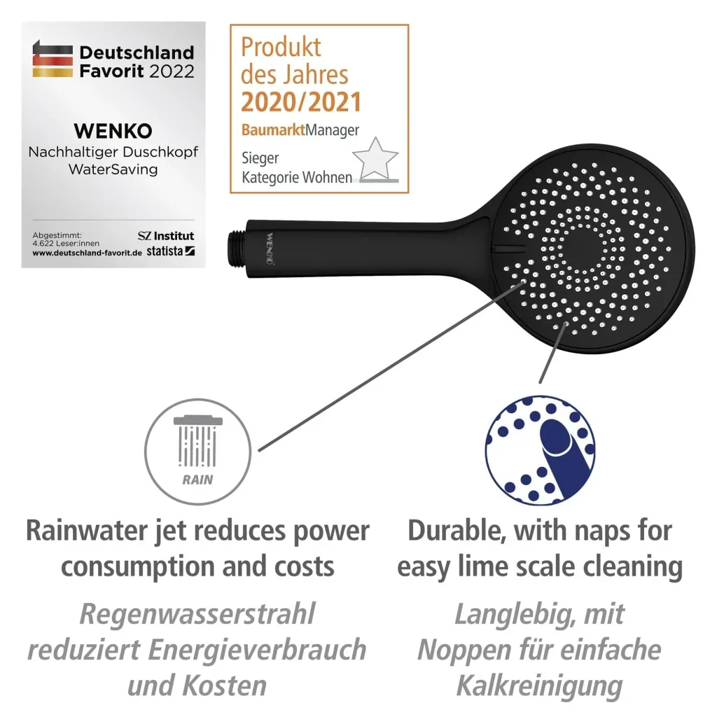 Wasserspar-Brauseset Watersaving Schwarz, Länge Stange: 70 cm