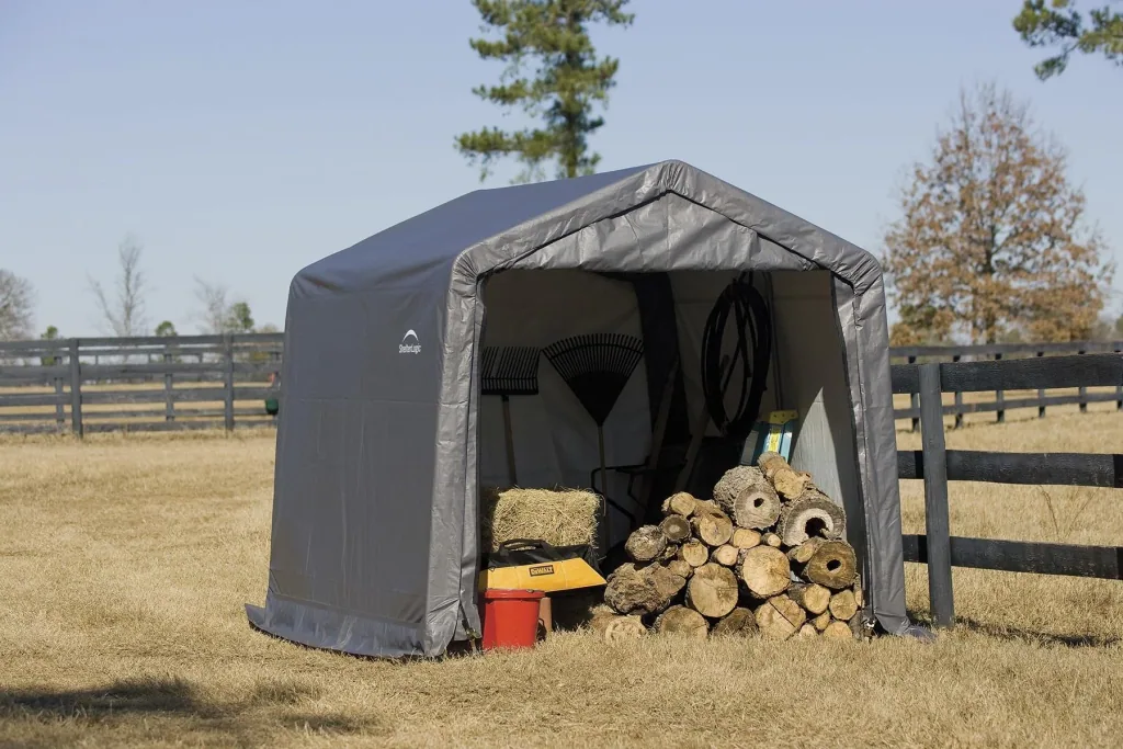 ShelterLogic Foliengerätehaus 9 m², grau, 297×305 cm – verstärkte Rückwand, DuPont-Stahlrahmen, wetterfest