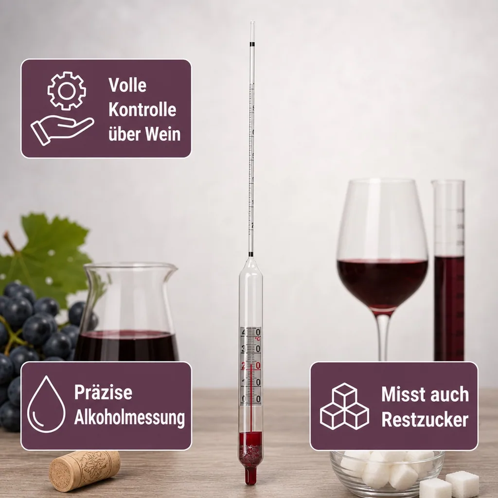 Alkoholmessgerät, Alkoholmeter, Alkoholspindel für Wein, mit Thermometer