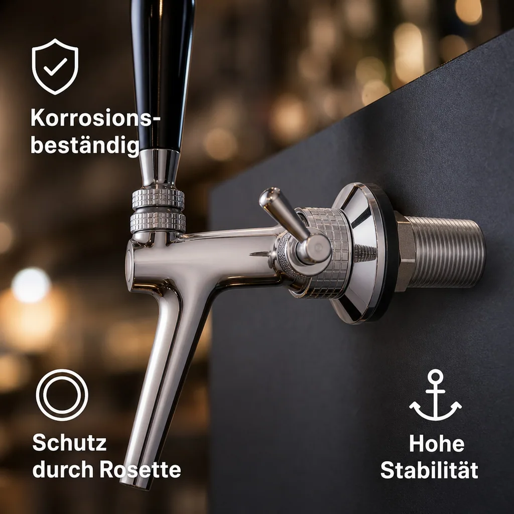 Zapfhahn, Kompensatorhahn, Bierzapfhahn, Schankhahn aus Chromnickelstahl mit Edelstahl Kompensator, Poliert, Gewindelänge: 55 mm