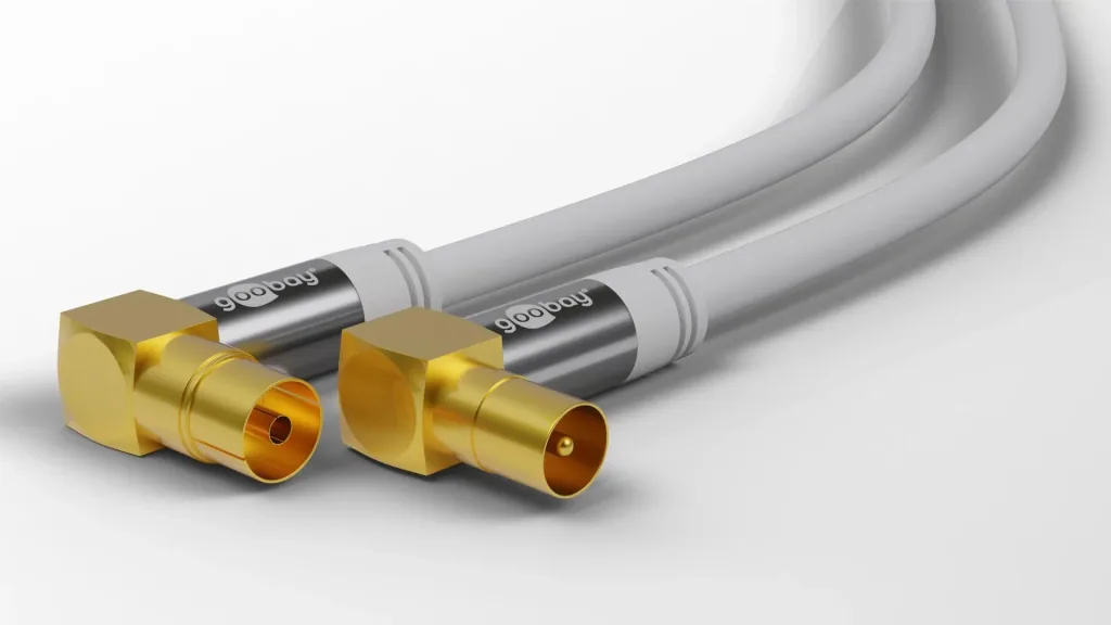 TV Antennenkabel 135 dB, 4x geschirmt, 1 m, Weiß - vergoldet, Koax-Buchse 90° > Koax-Stecker 90° (70411)