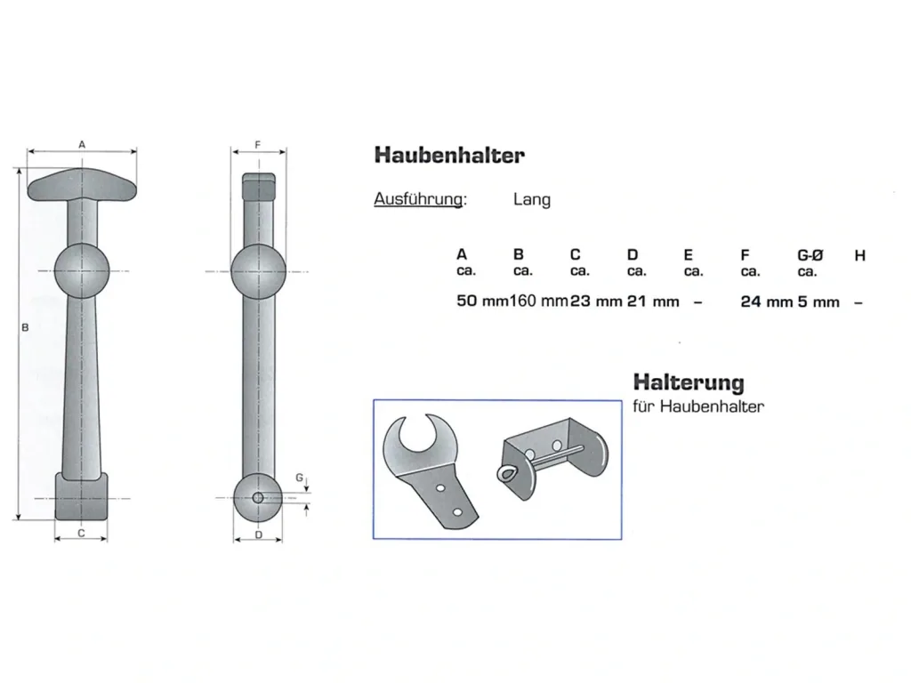 Haubenhalter, 160 mm lang, 2 Stück