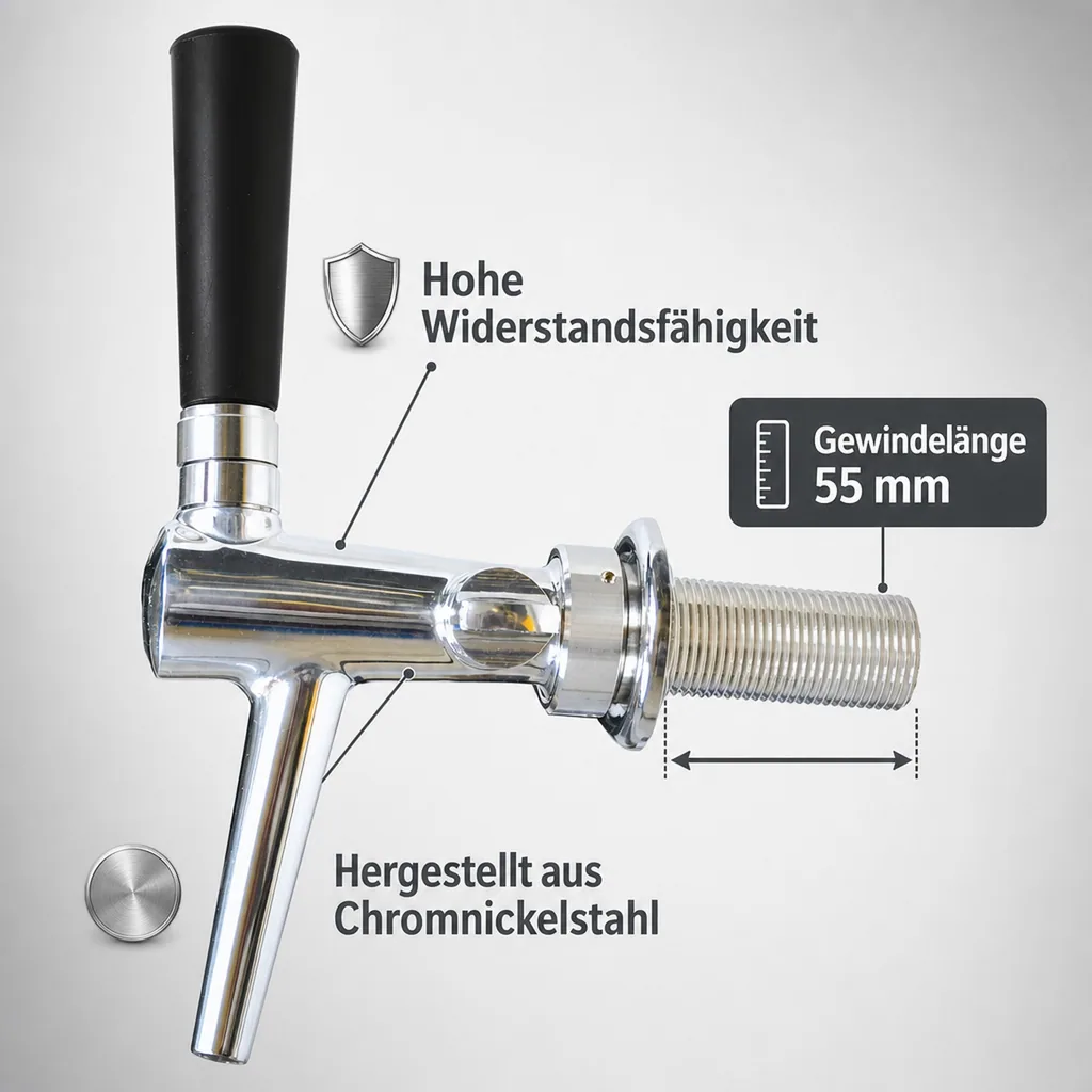 Zapfhahn, Kompensatorhahn, Bierzapfhahn, Schankhahn - C-TAP, Chromnickelstahl, Perfekte Schaumqualität & Langlebigkeit, Gewindelänge: 55 mm