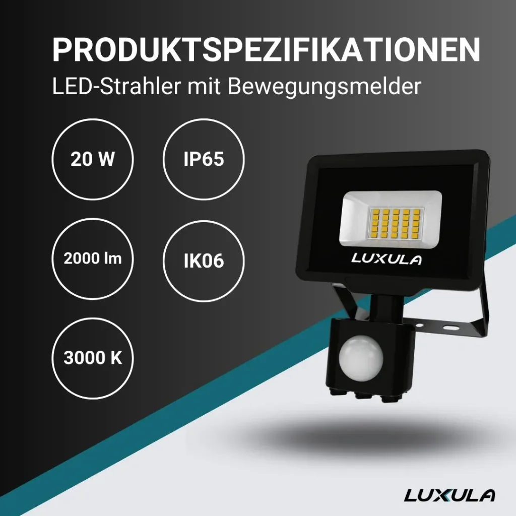 LED-Fluter in schwarz mit Bewegungsmelder bietet 20 W, 3000 K (warmweiß), 2000 lm & IP65 Schutz