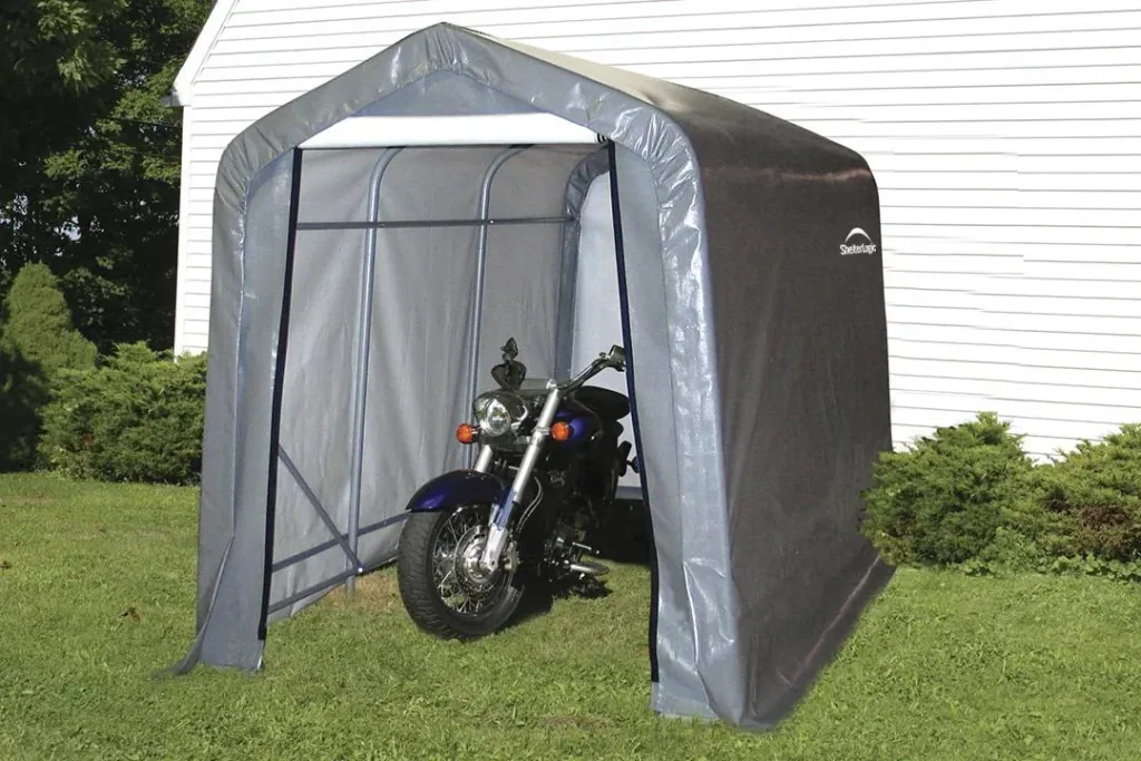 ShelterLogic Foliengerätehaus 5,4 m², grau, 180×300 cm – verstärkte Rückwand, DuPont-Stahlrahmen, wetterfest