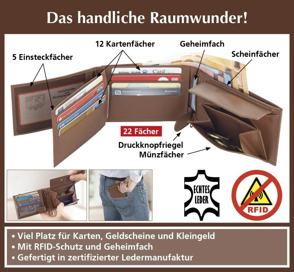 Kombi-Geldbörse "Chevirex", 12 x 9 x 2,5 cm, Echtleder, Braun